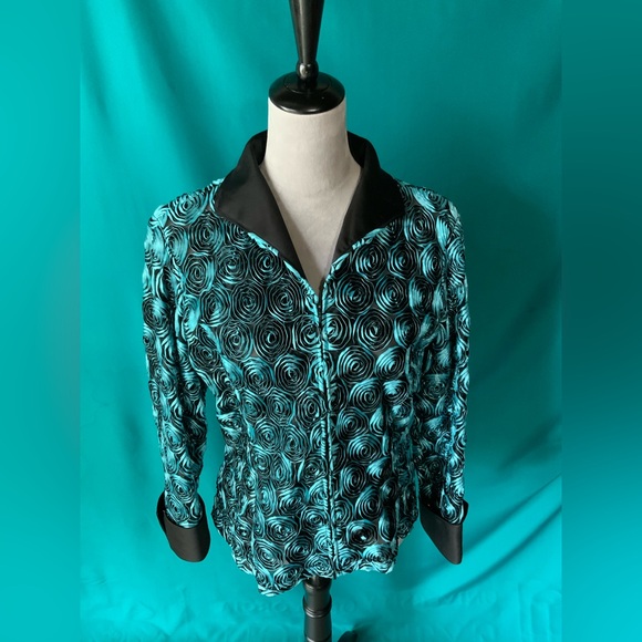 Samuel Dong Jackets & Blazers - Samuel Dong Teal and Black Swirl Button Full Zip Up Blazer, Black Collar & Cuffs